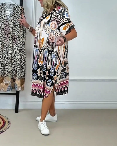 Kleid Boho Bedruckt Gerade Kurzärmelig