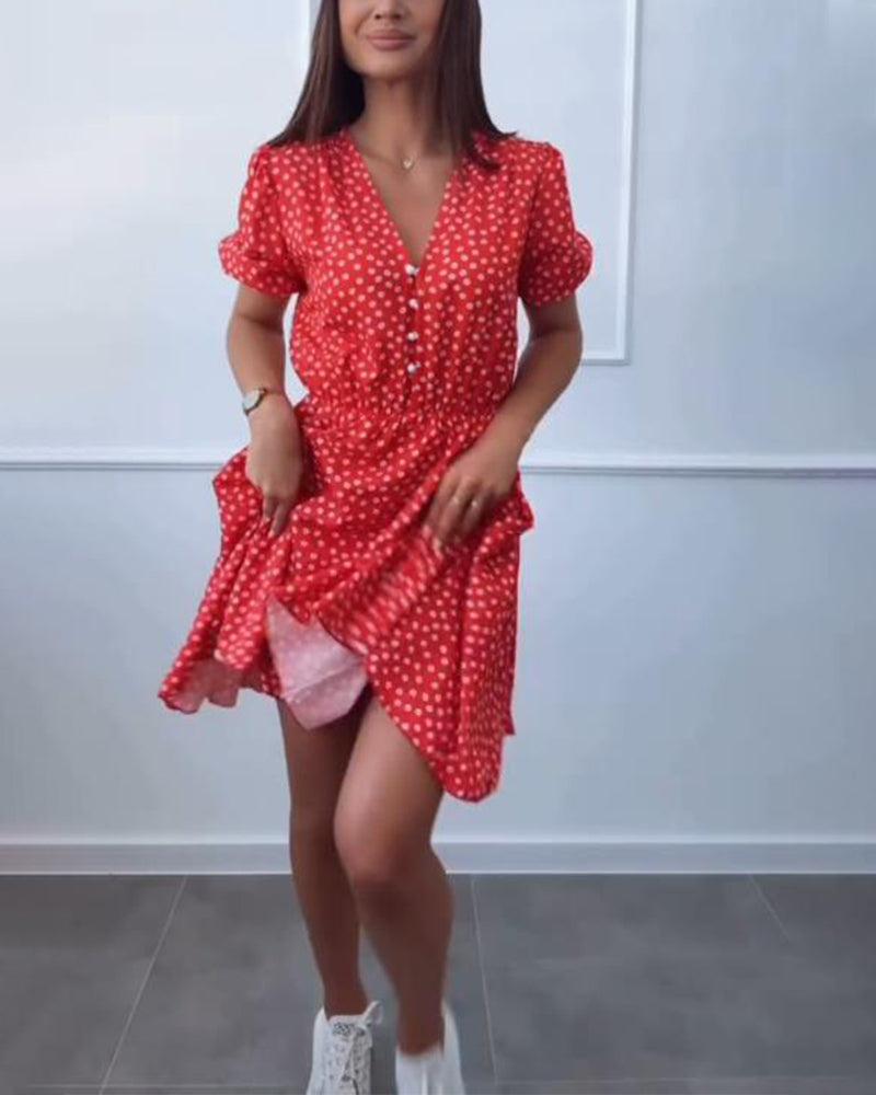 Kleid Punktmuster Druck Knopf V-Ausschnitt