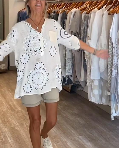 Bluse Vielseitig V-Ausschnitt Bedruckt Halbe Ärmel