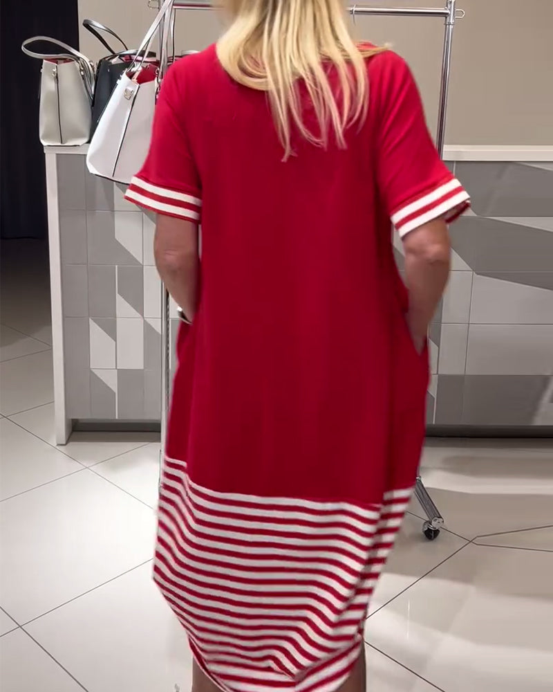 Kleid Kontraststreifen Kurzärmlig Casual