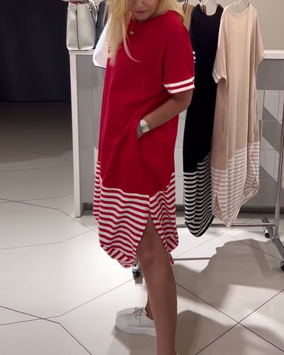 Kleid Kontraststreifen Kurzärmlig Casual