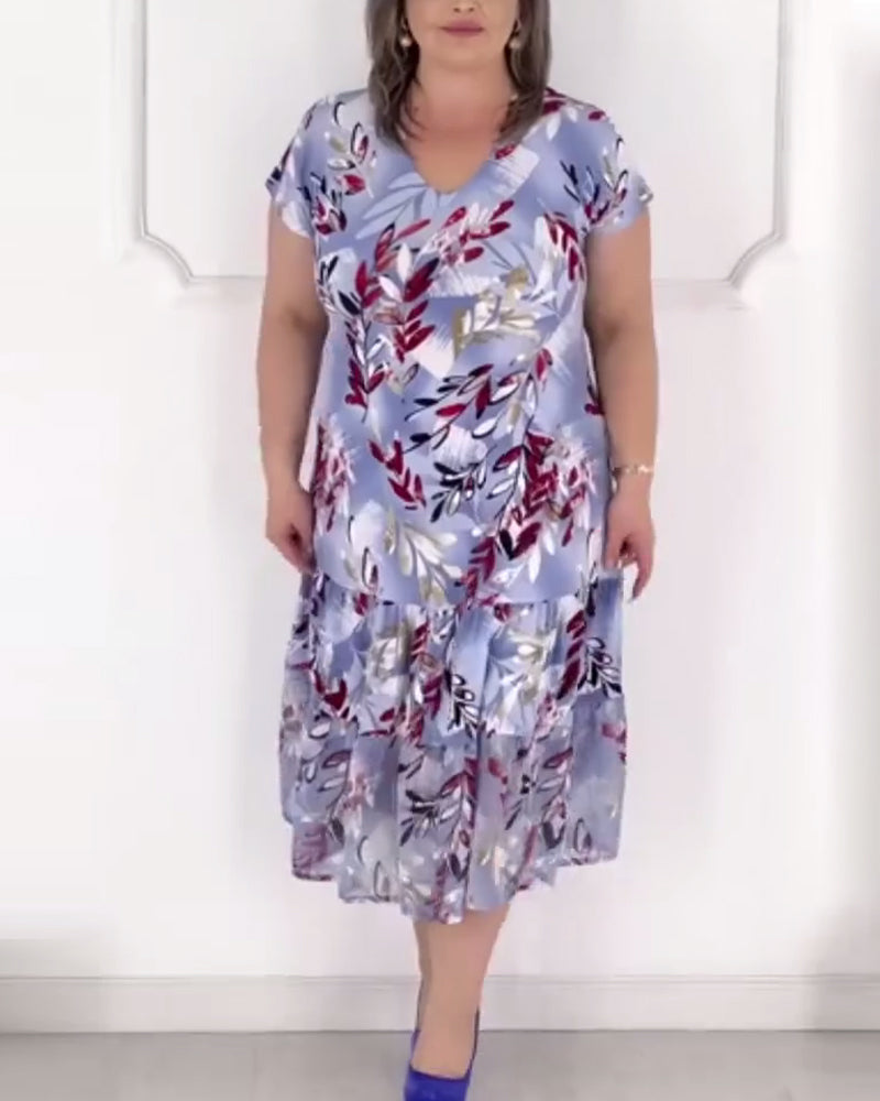 Kleid Kurzarm V-Ausschnitt Bedruckt Elegant