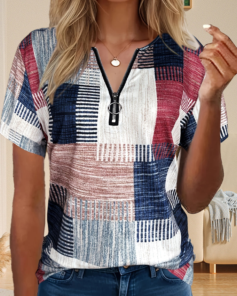 T-Shirt mit halbem Reißverschluss und Vintage-Print