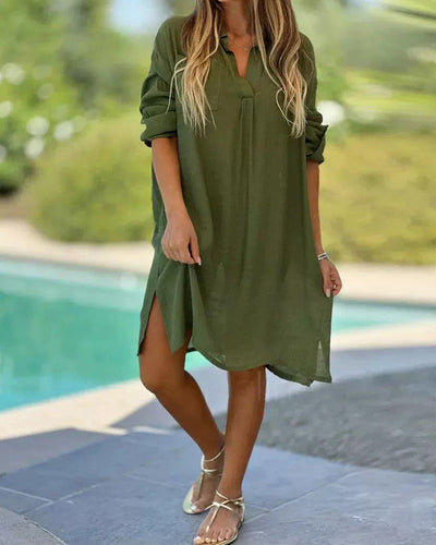 Hemdkleid Locker Kurzarm Einfarbig Baumwolle und Leinen