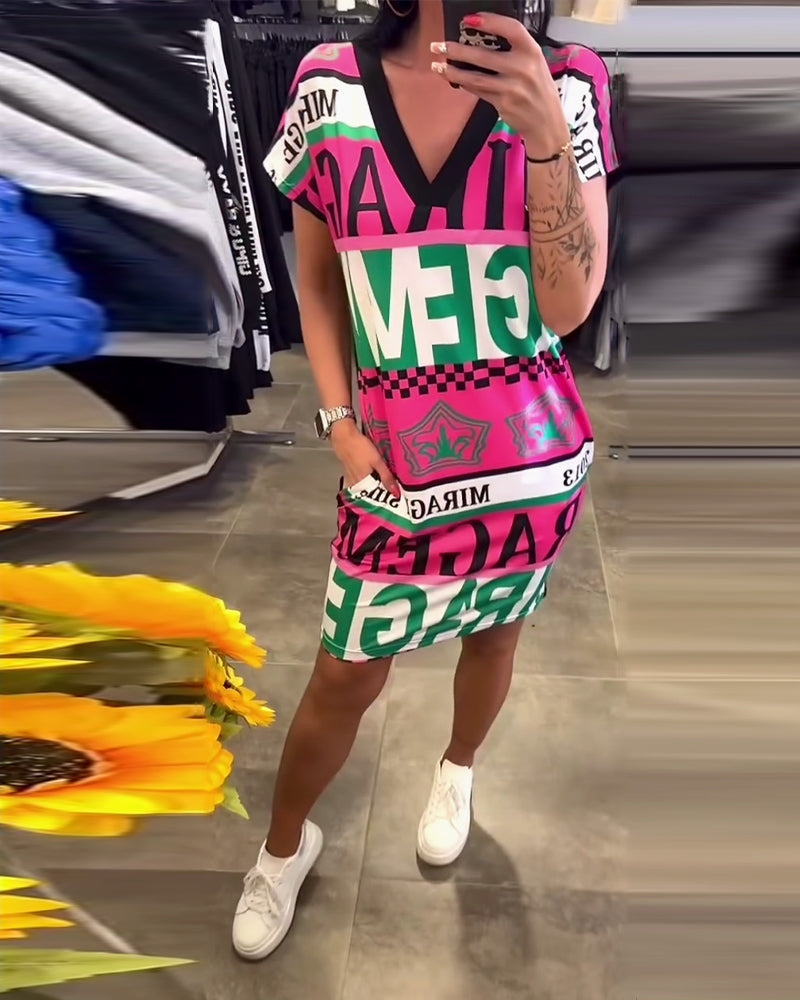 Kleid bedruckt V-Ausschnitt kurzärmelig