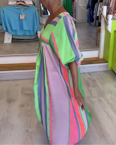 Kleid V-Ausschnitt Laternenärmel Geometrischer Druck Übergroß