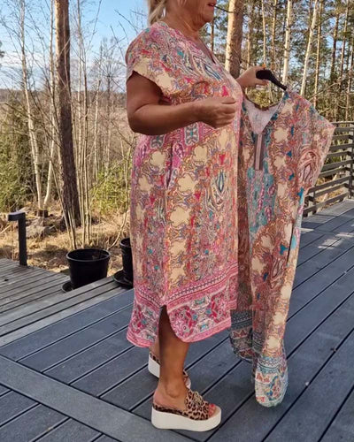 Kleid V-Ausschnitt Kurzarm Bedruckt Gerade