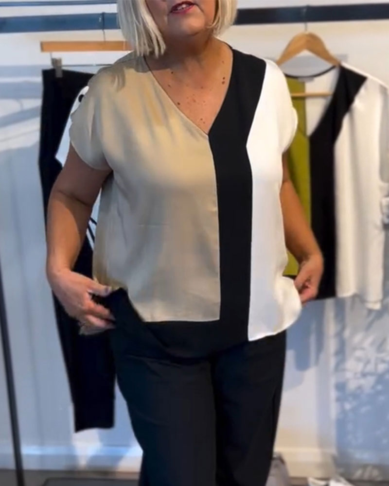 T-Shirt V-Ausschnitt Kontrastfarbe Mode