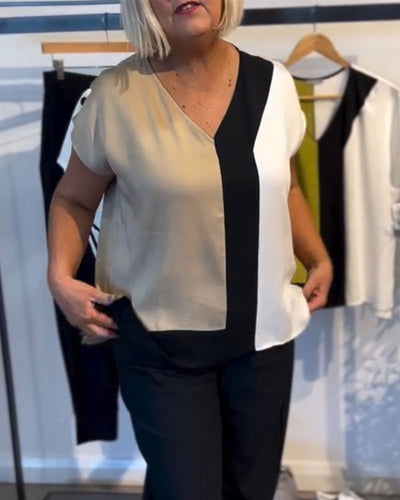 T-Shirt V-Ausschnitt Kontrastfarbe Mode