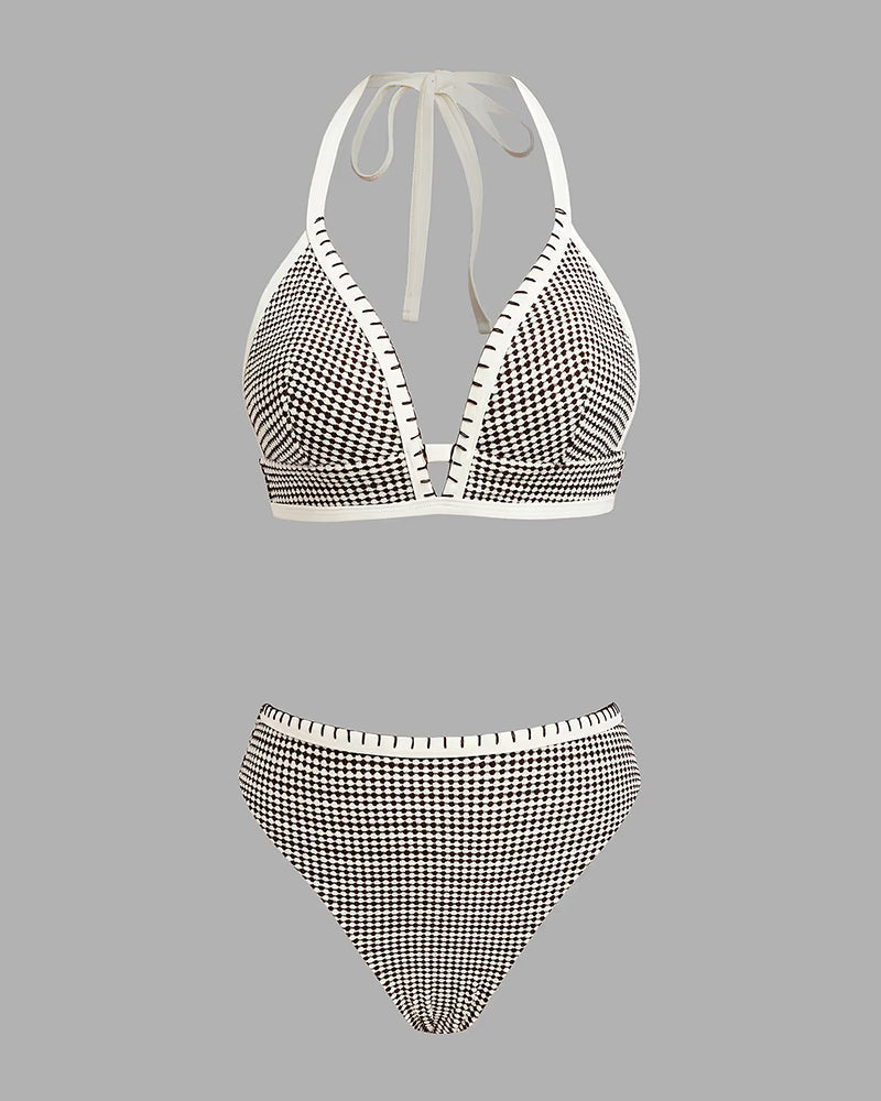 Badeanzug Deep V Karo Kontrastfarbe Zweiteilig