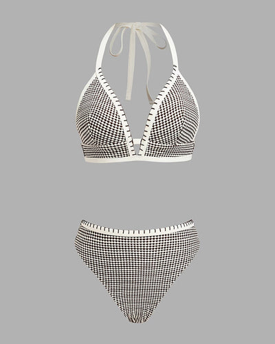 Badeanzug Deep V Karo Kontrastfarbe Zweiteilig