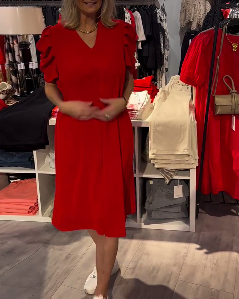 Kleid Puffärmel V-Ausschnitt Temperamentvoll