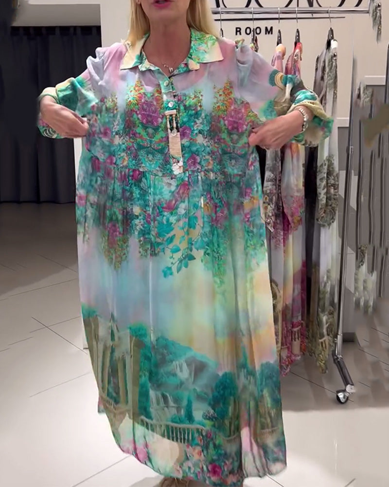 Kleid Laternenärmel Hemdkragen bedruckt lang