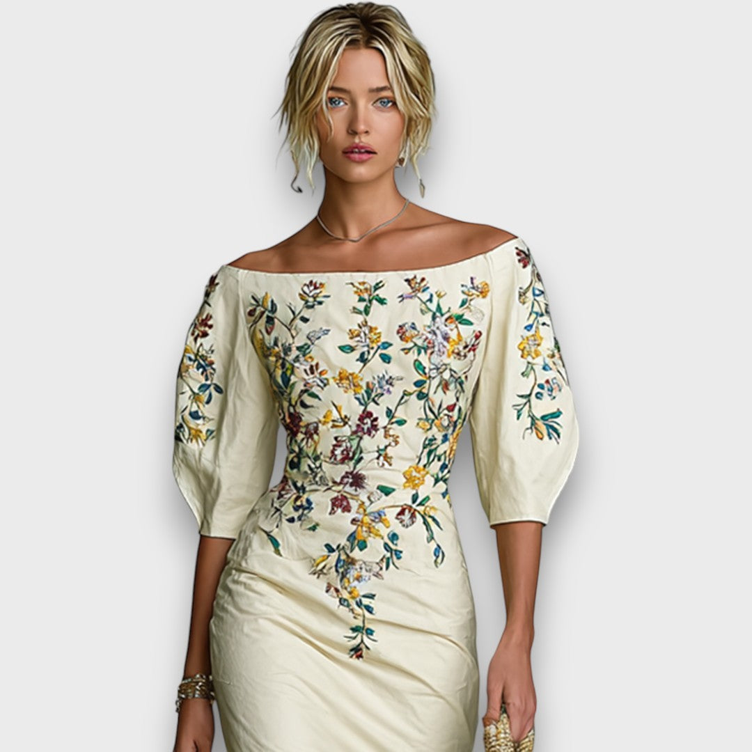 Florisse – Besticktes Midi-Kleid mit Carmen-Ausschnitt