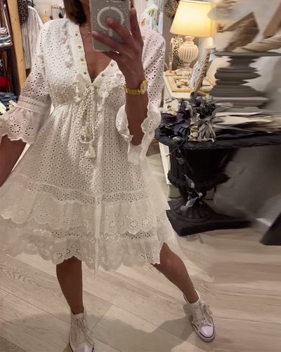 Kleid Trompetenärmel Spitze Hohles Design Schleife