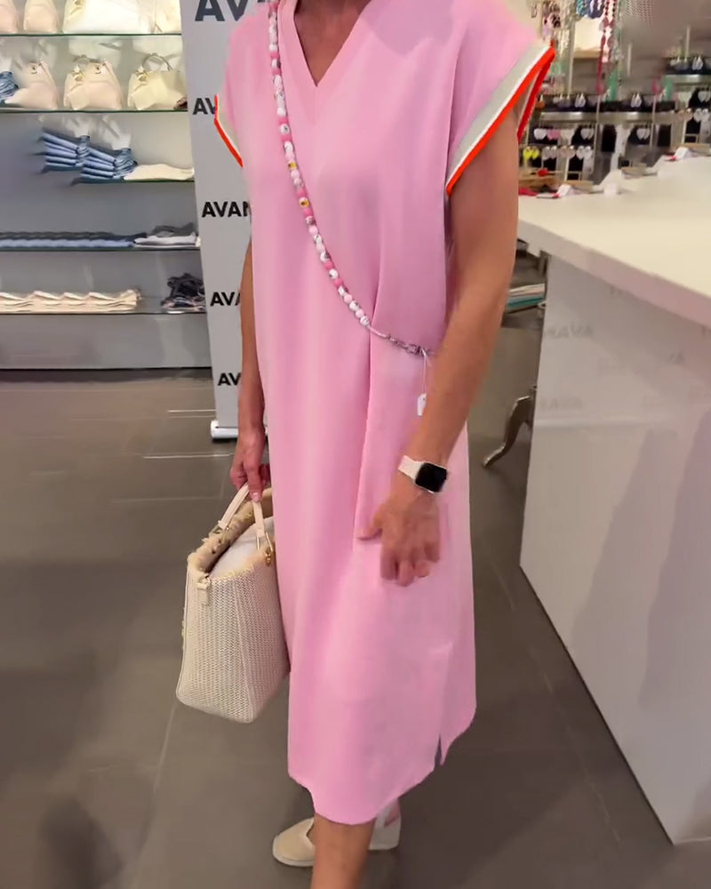 Kleid Lotusblatt-Ärmel V-Ausschnitt Lässiger Schlitz