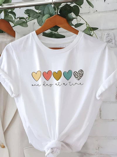 Herz-Print Kurzarm-T-Shirt für Damen