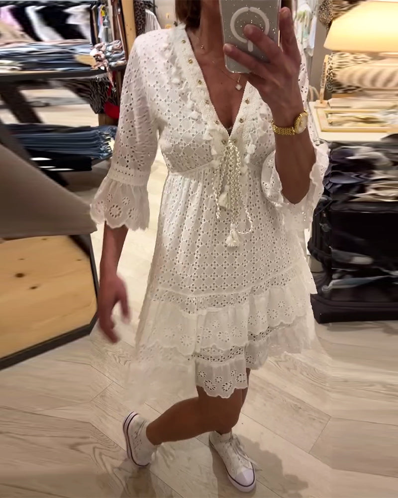 Kleid Trompetenärmel Spitze Hohles Design Schleife