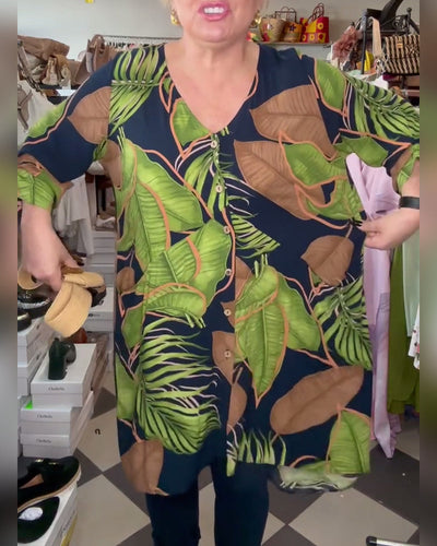 Lockeres Kleid Mit Blattmuster Und V-Ausschnitt