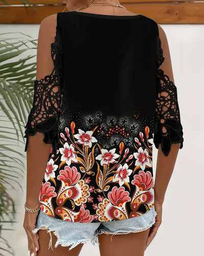 Bluse Off-Shoulder Spitzeneinsatz Bedruckt