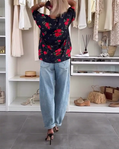 T-Shirt Rundhals Blumenmuster Kurzärmlig