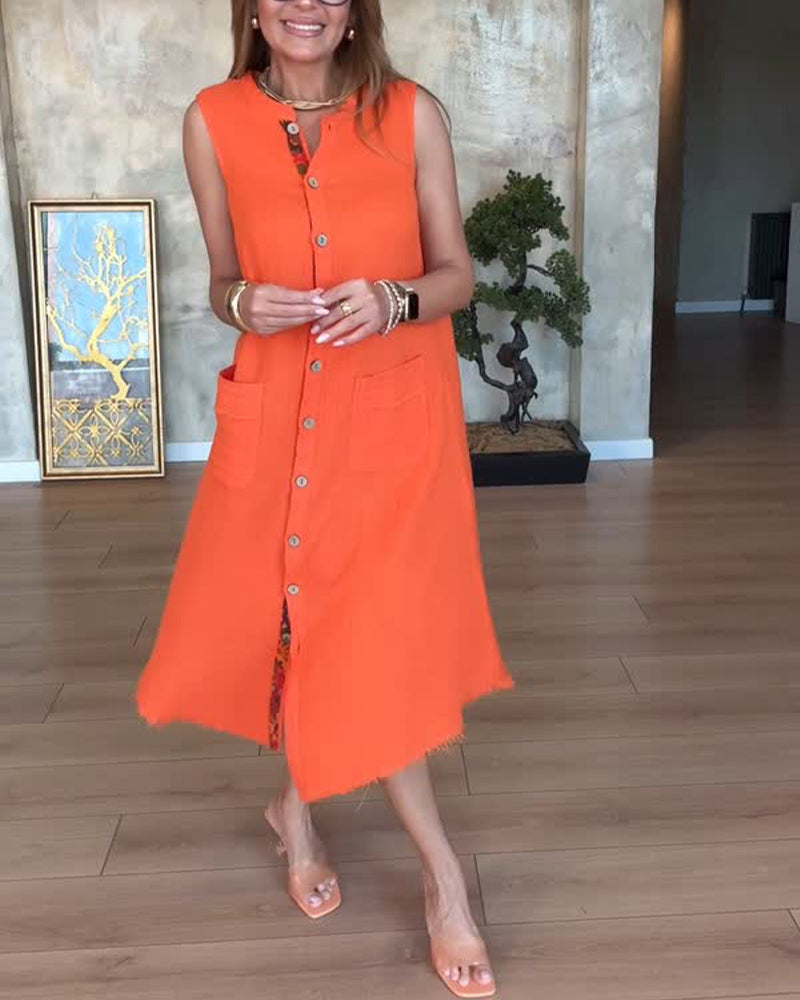 Kleid Knopfbesetzt Plissiert Ärmellos