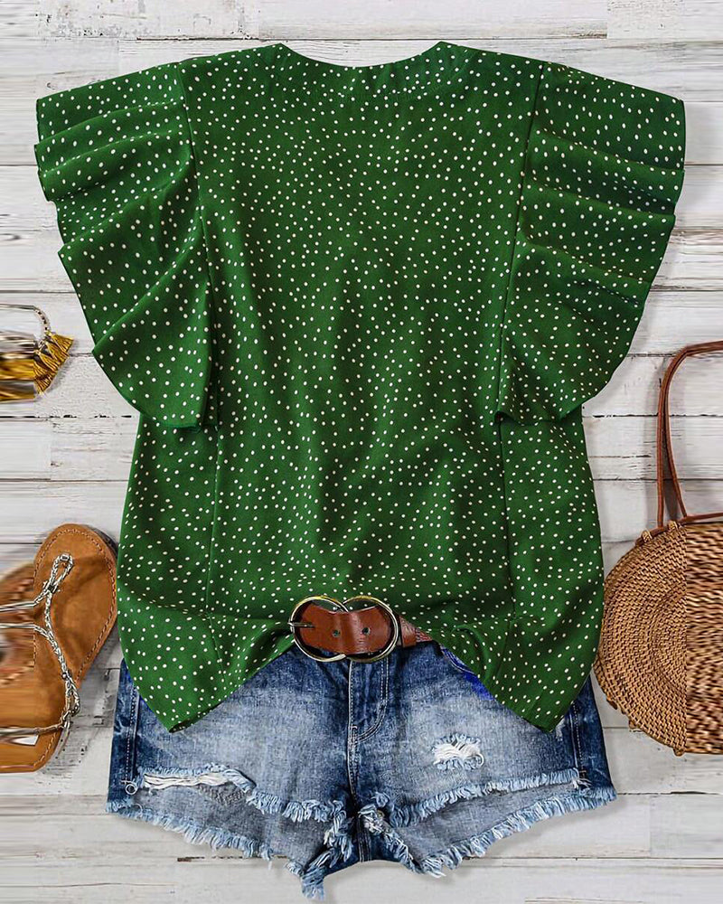 Bluse Rüschenärmel V-Ausschnitt Pünktchen