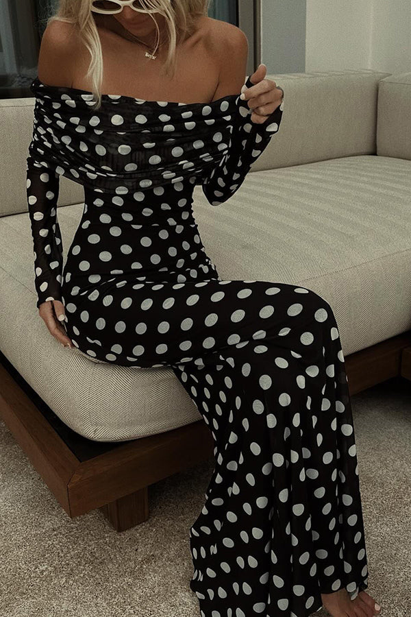 Élodie – Schickes Maxikleid mit Polka-Dot-Print und schulterfreiem Design