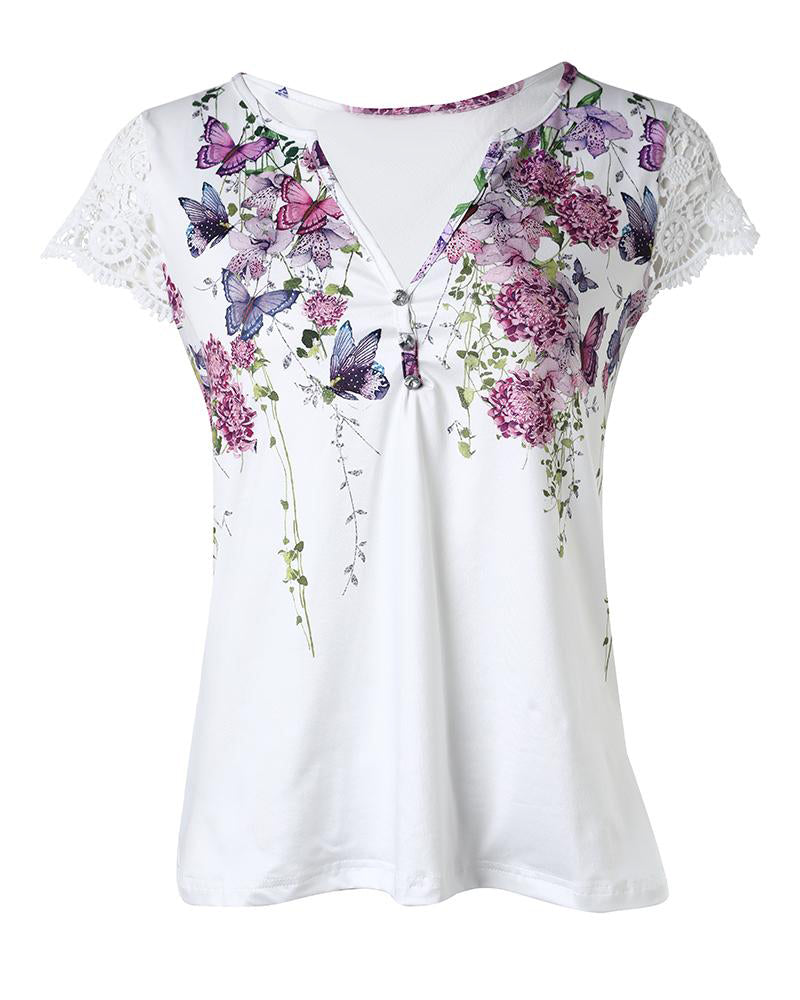 Oberteil Mit Floral Butterfly Print Lace Patch Stil
