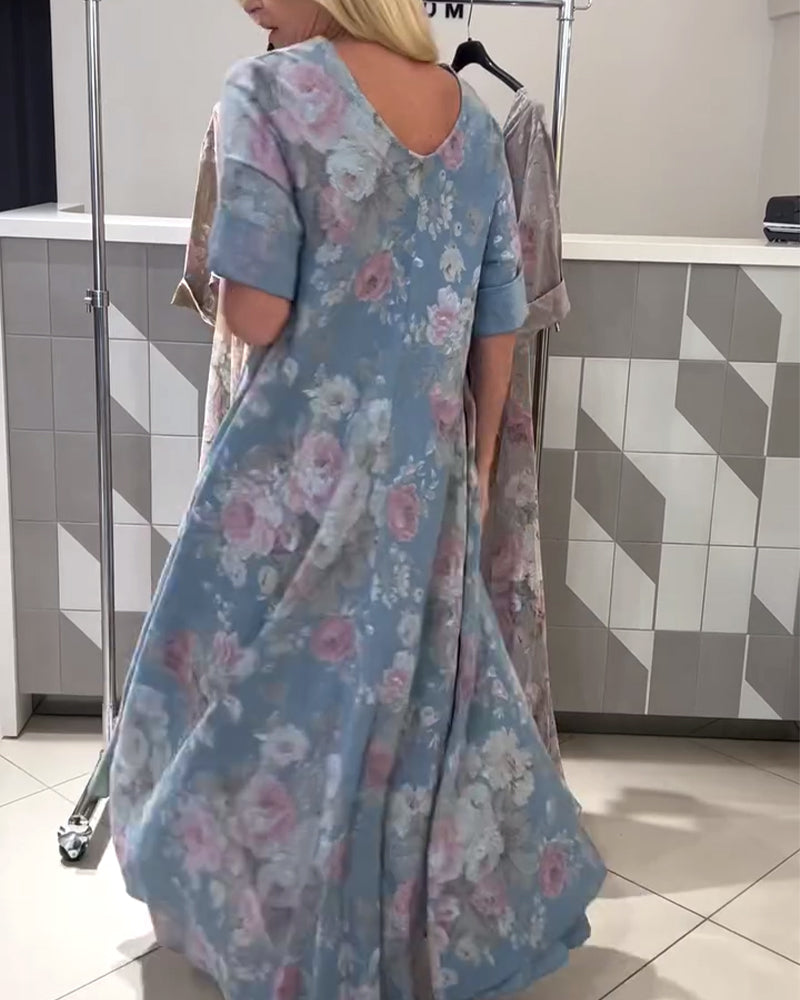 Kleid V-Ausschnitt Blumenmuster A-Linie