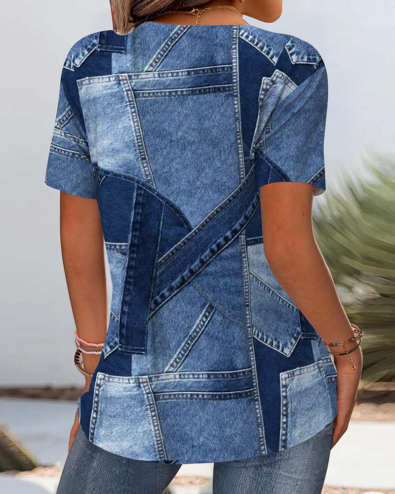 Bluse Vintage Denim Kontrast Cut-Out