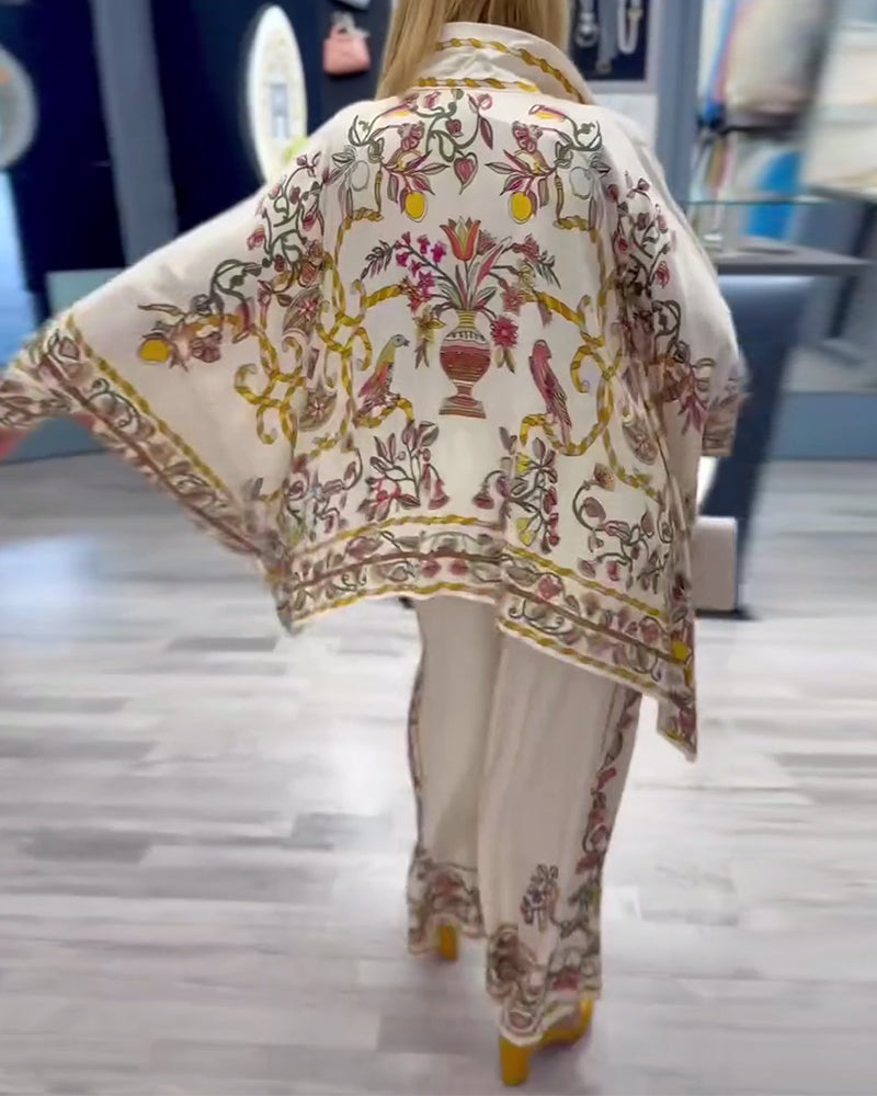 Anzug Modische Fledermausärmel Druck Weites Bein