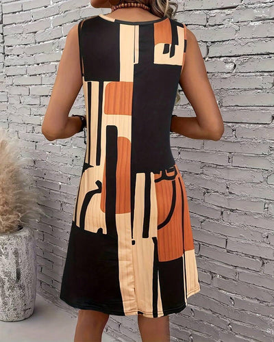 Kleid Ärmlos Rundhals-Ausschnitt Retro-Print