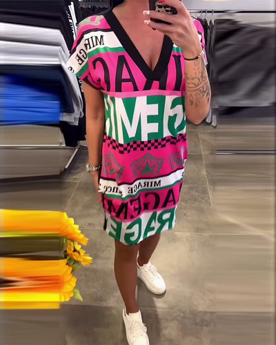 Kleid bedruckt V-Ausschnitt kurzärmelig