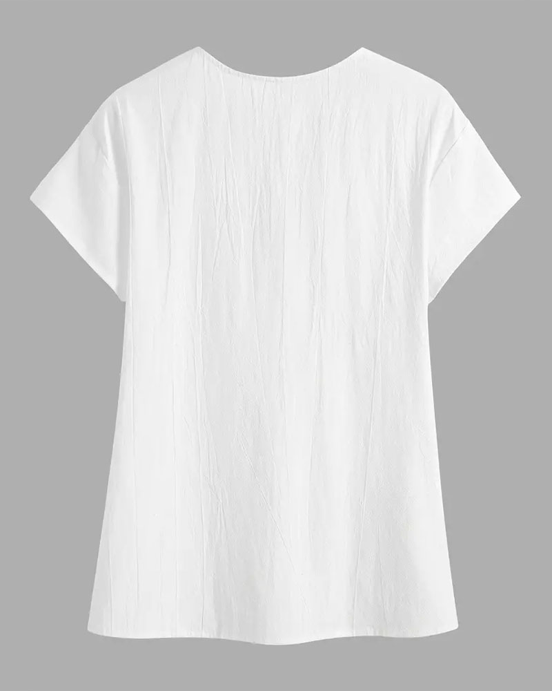 Bluse Kragen Unifarben Knopf Kurzärmelig