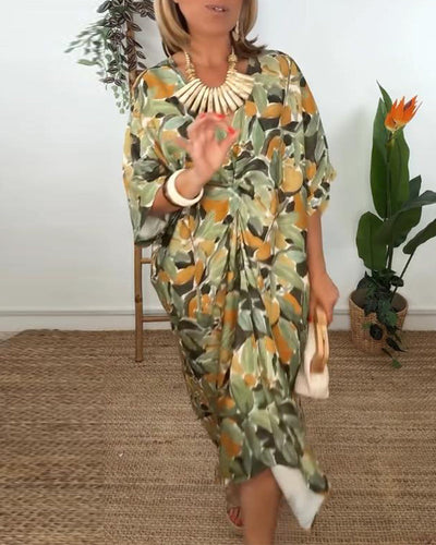 Kleid V-Ausschnitt Falten Print