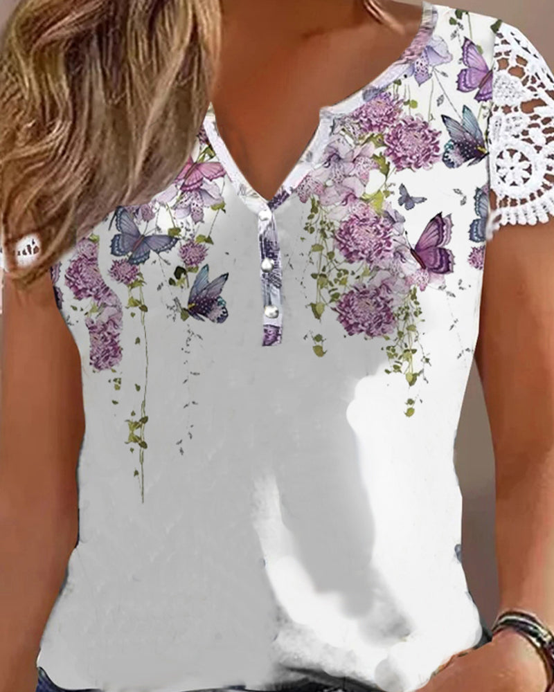 Oberteil Mit Floral Butterfly Print Lace Patch Stil