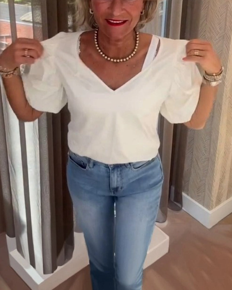 T-Shirt mit Puffärmeln und V-Ausschnitt