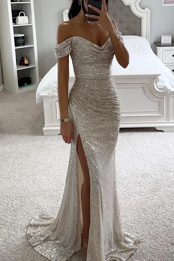 Heidi-Mode | Pailletten Off-Shoulder Raffung Schlitz Abend Maxi Kleid