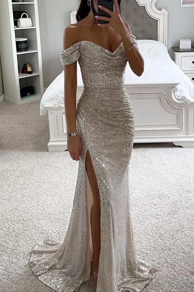 Heidi-Mode | Pailletten Off-Shoulder Raffung Schlitz Abend Maxi Kleid