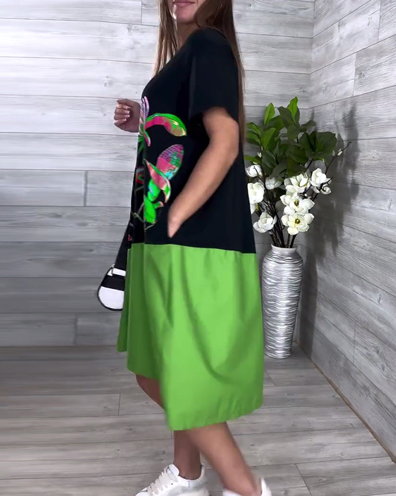 Kleid Runder Ausschnitt Lässig Bedruckt Kontrastfarbe