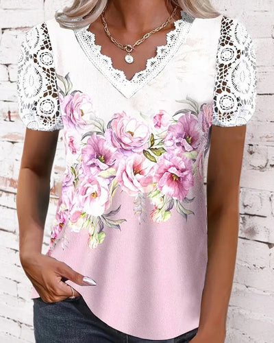 Bluse V-Ausschnitt Spitze Patchwork Blumen