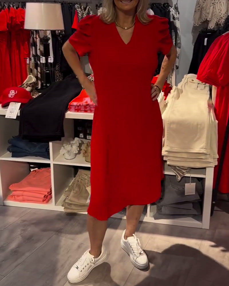 Kleid Puffärmel V-Ausschnitt Temperamentvoll
