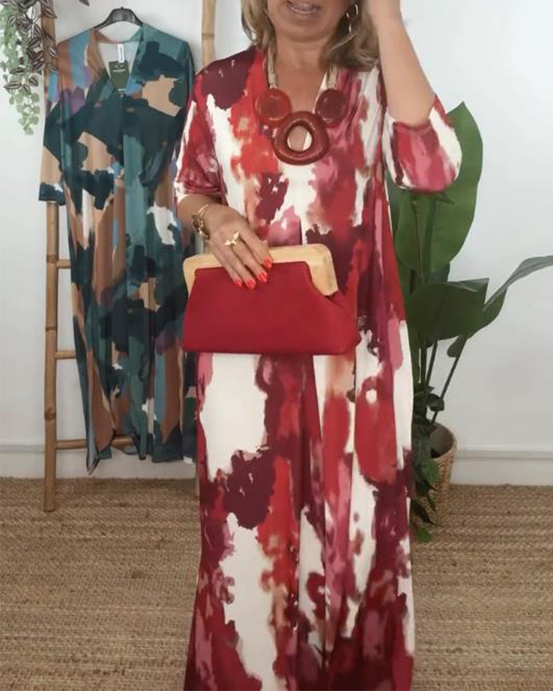 Kleid Elegant V-Ausschnitt Bedruckt Schlitz