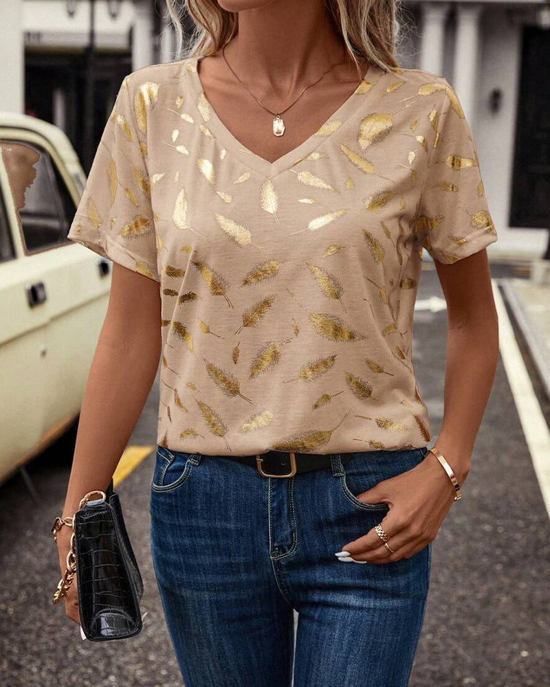 T-Shirt V-Ausschnitt Blattmuster Casual