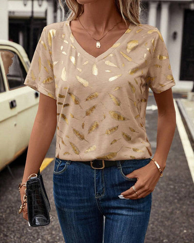 T-Shirt V-Ausschnitt Blattmuster Casual