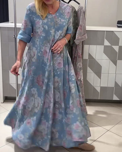 Kleid V-Ausschnitt Blumenmuster A-Linie