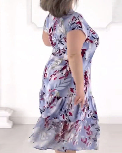 Kleid Kurzarm V-Ausschnitt Bedruckt Elegant