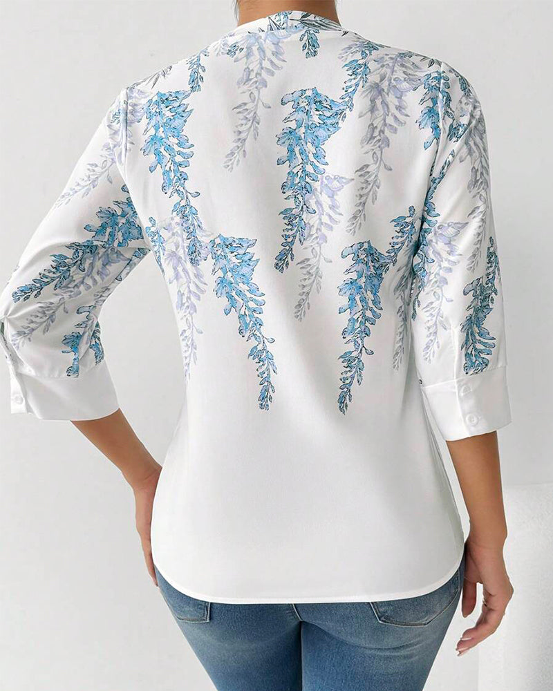 Bluse Dreiviertelärmel V-Ausschnitt Bedruckt