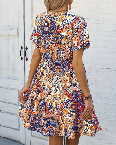 Kleid V-Ausschnitt Bedruckt Kurzärmlig A-Linie